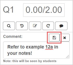 The save icon is shown above the grading comment text field.